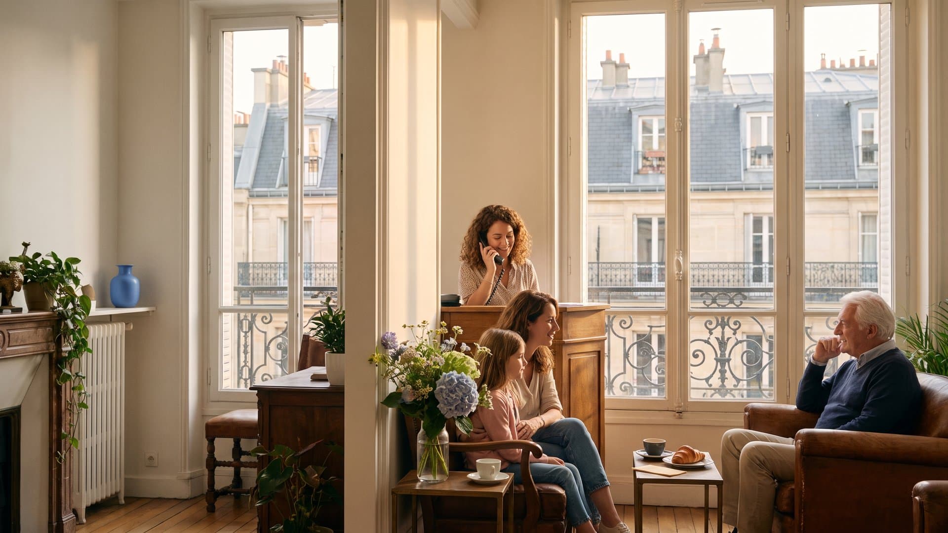 Une réceptionniste souriante au téléphone dans un cabinet chaleureux d'un immeuble haussmannien à Paris, des patients qui discutent dans la salle d'attente