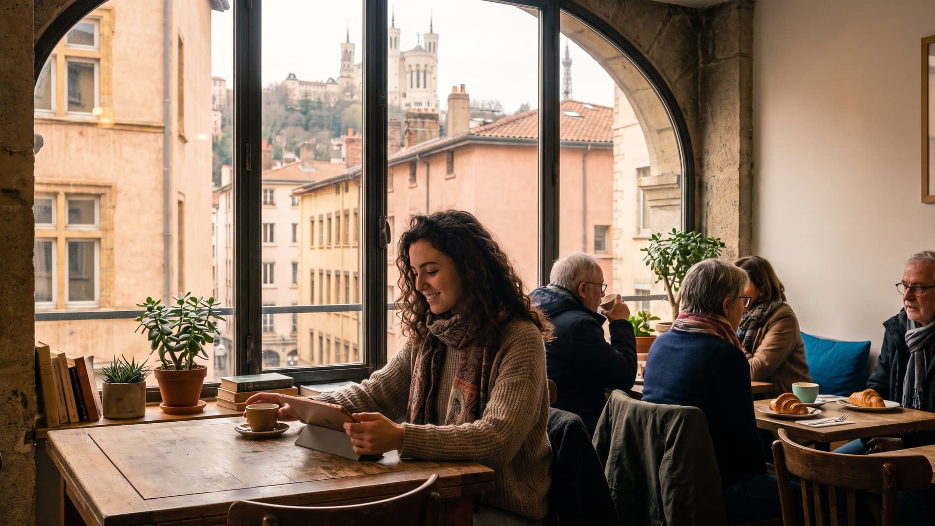 Une femme lit un article sur sa tablette dans un café chaleureux