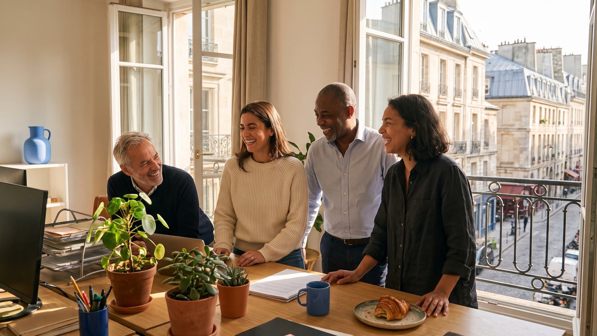 Une petite équipe qui rit ensemble dans un bureau lumineux