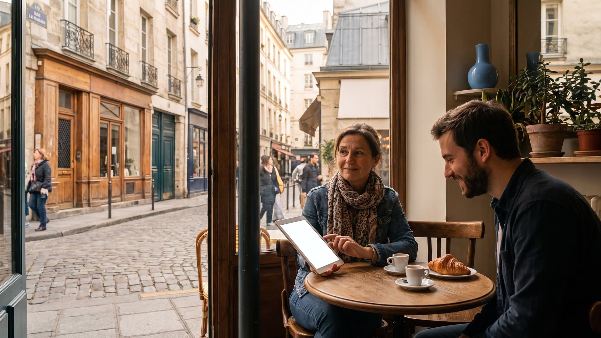 Une entrepreneuse qui compare deux options sur une tablette en terrasse