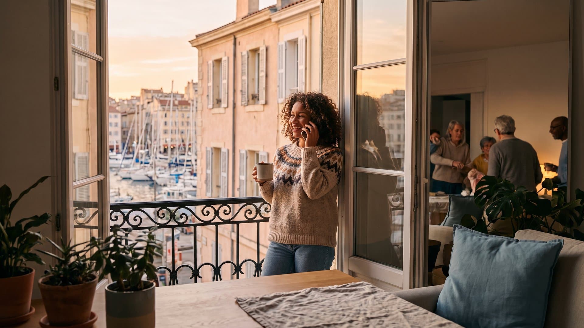 Une femme ravie au téléphone près d'une fenêtre à balcon en fer forgé