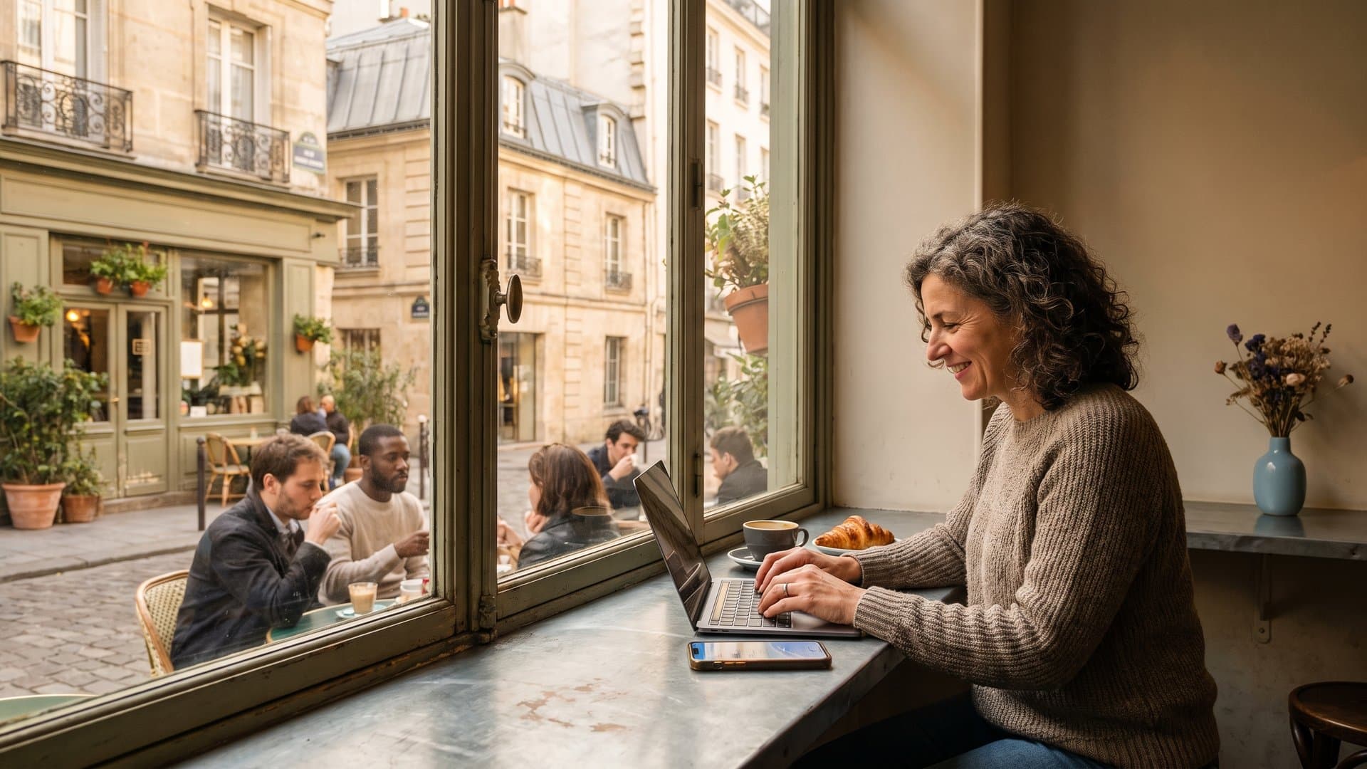 Une patronne de café qui configure son ordinateur pendant que son téléphone s'allume
