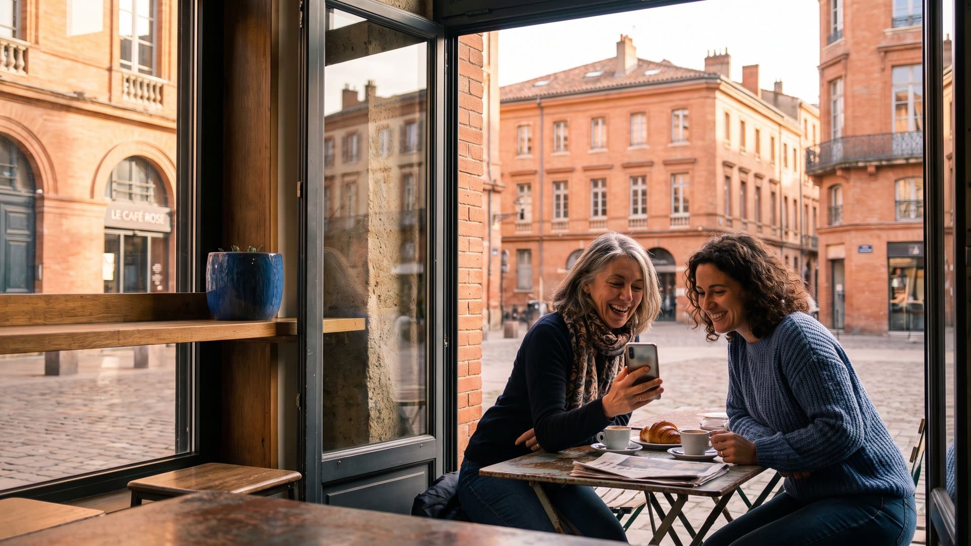 Deux commerçantes qui discutent autour d'un café en terrasse