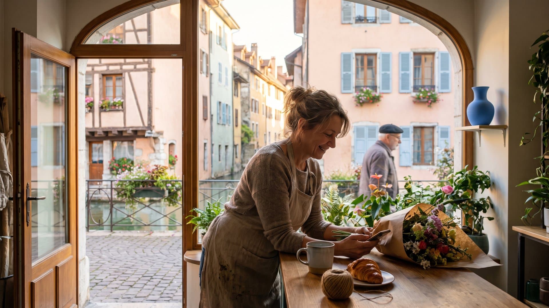 Une fleuriste qui répond à un message client en préparant un bouquet