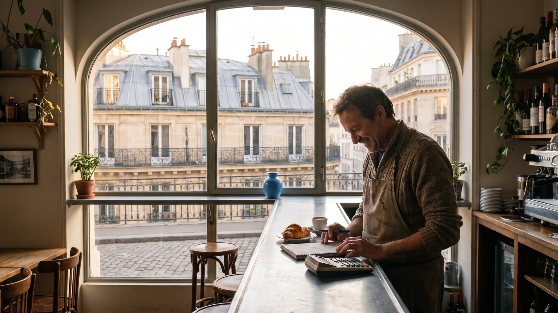 Un restaurateur fait ses calculs au comptoir l'après-midi