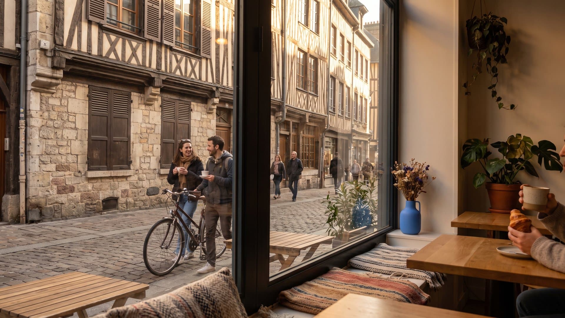 Une rue d'une ville française aux façades de pierre et volets