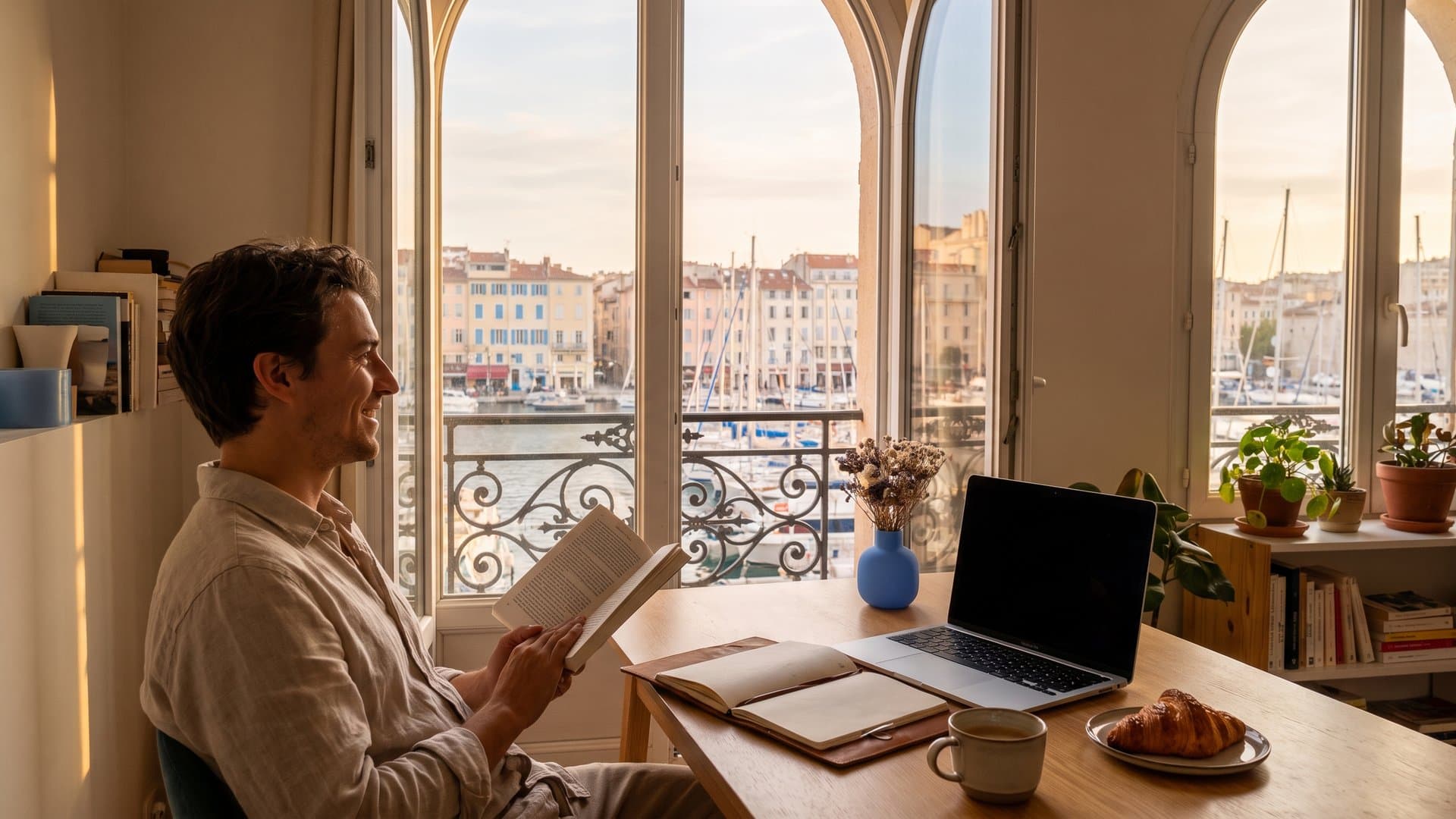 Un bureau calme devant une fenêtre à balcon en fer forgé