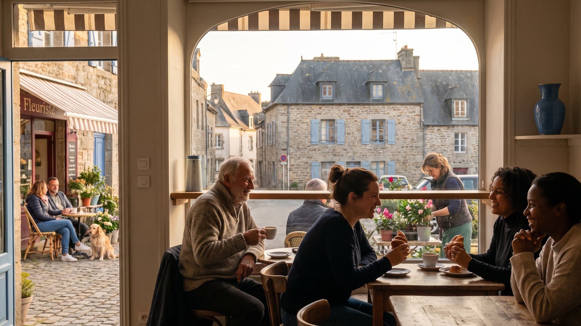Une rue commerçante française au soleil couchant