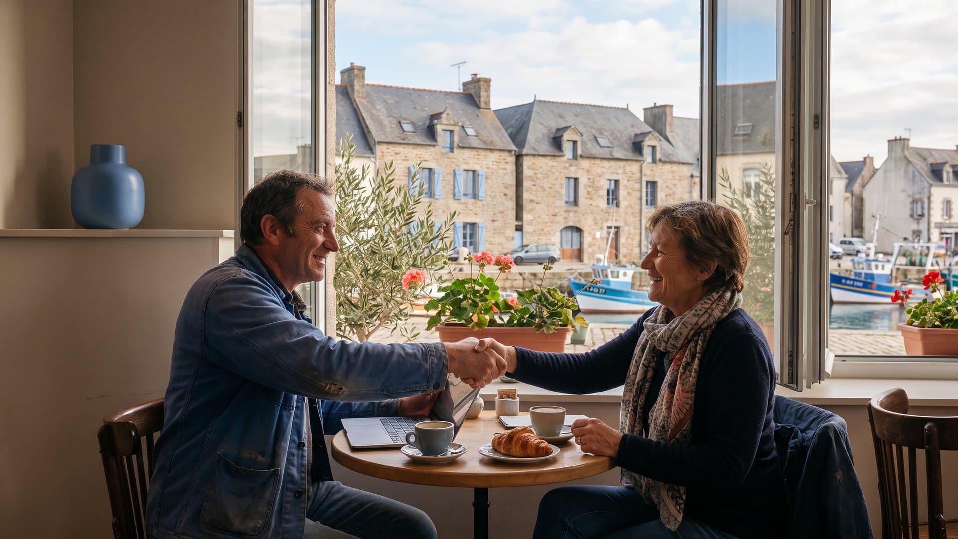 Deux commerçants qui se serrent la main en terrasse