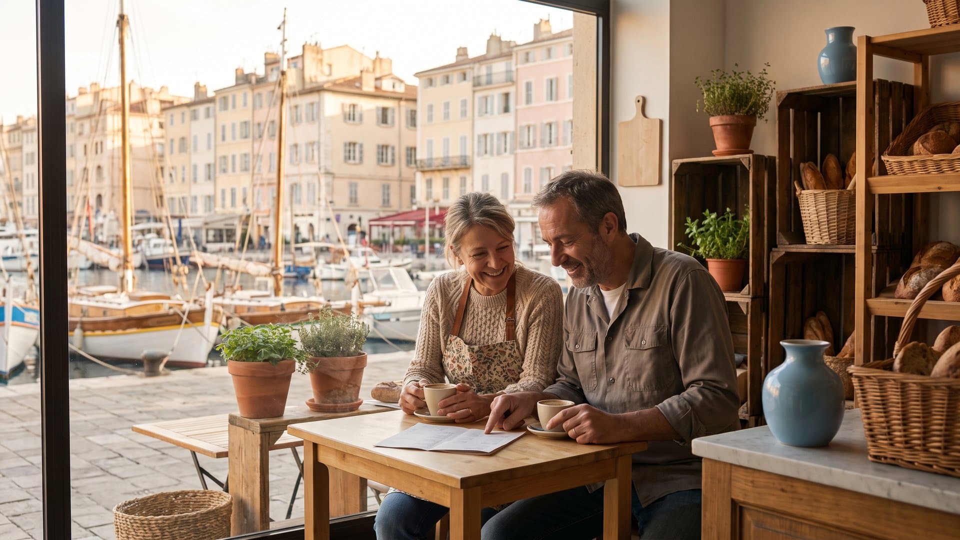 Un couple de boulangers qui regarde un forfait simple autour d'un café
